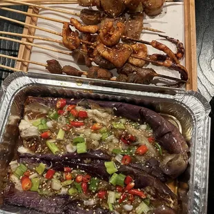 Chicken Gizzards 3, Grill Eggplant, Squid 3, Gluten skewers 3