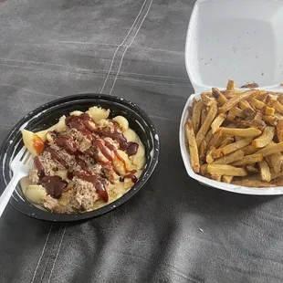 Pulled pork mac and cheese (I drizzled my own barbecue sauce) and fries!