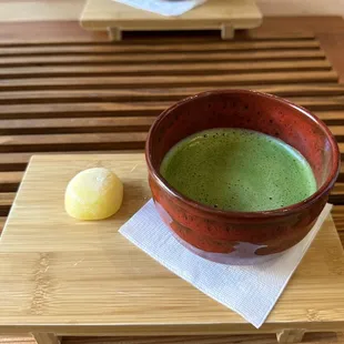 Matcha with a Yuzu Mochi on the side.