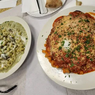 Pesto with mushroom &amp; Eggplant Parm with curly pasta, marinaria sauce