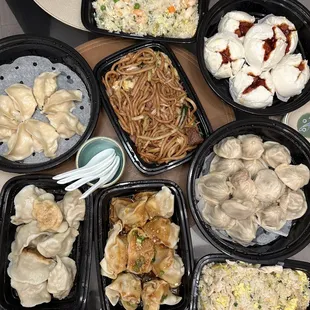 Juicy Pork dumplings, fried noodles/rice, spicy wontons, shrimp wontons