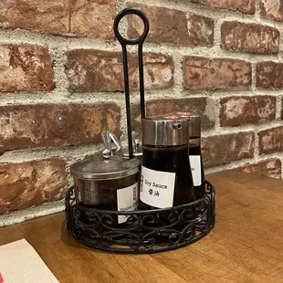 Assortment of soy sauce, vinegar and chili.