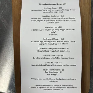 Breakfast menu