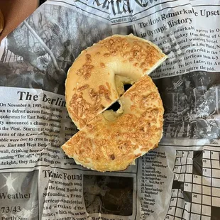 Asiago cheese bagel with veggie cream cheese