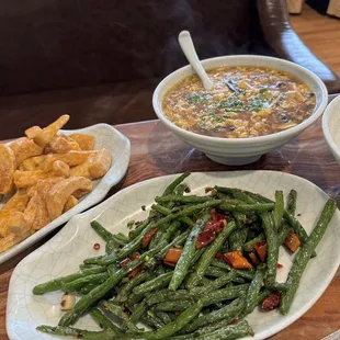 Green beans, fried pumpkin, hot &amp; sour soup.