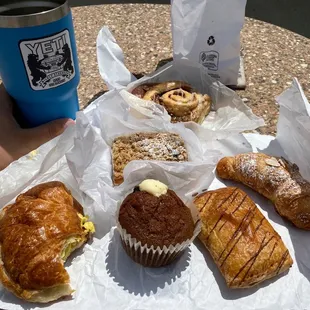 Flavorful Egg croissant with buttery goodness, Crazy yummy muffin oozing with cream cheese, and other tasty treats!