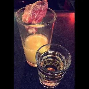 Breakfast shot  - Jameson + Buttershots (tastes like a maple pancake) with an OJ and bite of bacon chaser