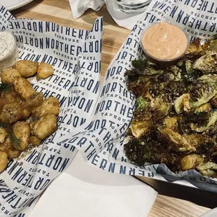 Dill cheese curds and Brussels sprouts app