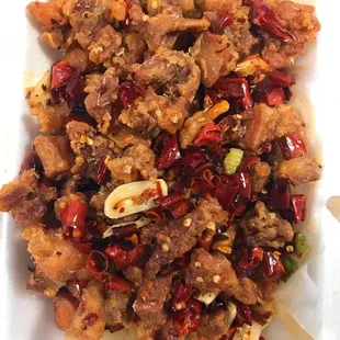 Takeout Deep Fried Diced Chicken With Red Chili 干煸辣子鸡丁 ($10.95)
