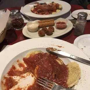Meat Ravioli, &amp; (far plate) Gnocchi, sausage and mushrooms