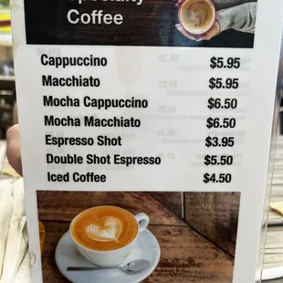 Specialty coffee menu