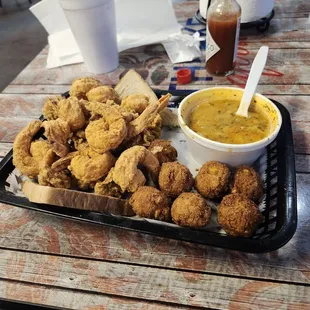 Shrimp and oyster platter with hushpuppies added