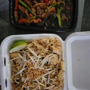 Chicken Pad Thai and Spicey basil pork.