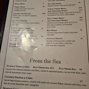 Menu- appetizers and seafood