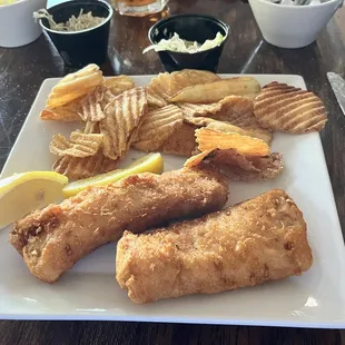 2 piece beer battered cod with house chips.