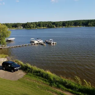 a car parked in front of a dock