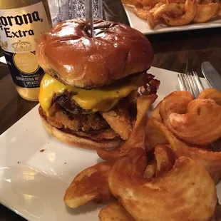 a burger and onion rings