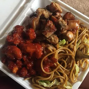 2 entree combo, $7.49 Bourbon chicken, sweet and sour chicken, super yummy lo mein (and an egg roll)