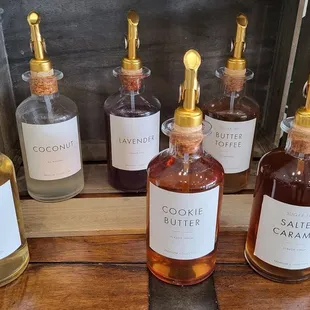 Help yourself to a nice variety of flavored syrups for your coffee. I love the coconut syrup!