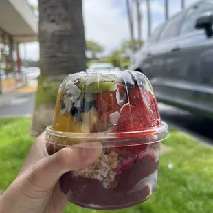 Small acai bowl, half pitaya and half acai, with all toppings