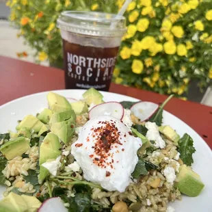 Brown Rice and Chickpea bowl -- with avocado. Perfectly poached egg! Good iced coffee too.