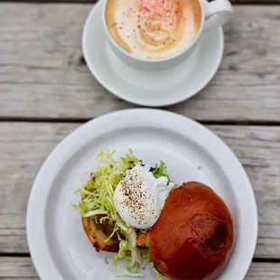 Sage sausage and poached egg sandwich and the Spring into Summer latte