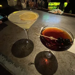 Peach Blossom Martini and Blackened Manhattan