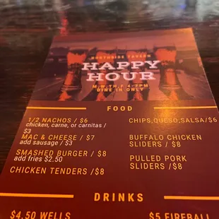 the menu for the happy hour