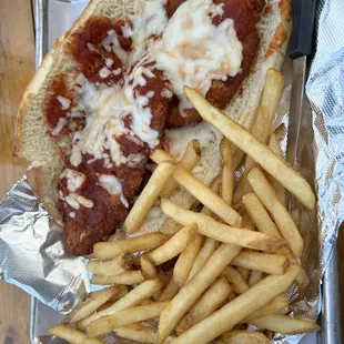 Chicken parmigiana samich with fries