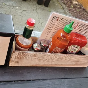 Menu and condiments on patio