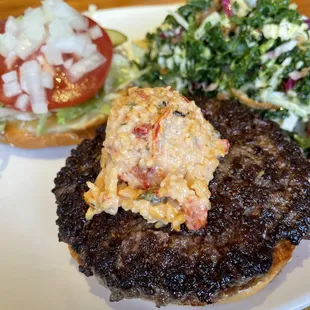 Pimento cheeseburger with side salad