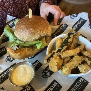 Walleye sandwich with zucchini fries