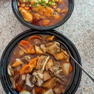 Top: 豆瓣酱烧鱼片 / Grilled Fish Fillet in Douban Sauce Bottom: 宁夏羊羔肉(羊排) / Ningxia Braised Lamp Chops with Carrot