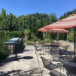 patio area with tables and umbrellas