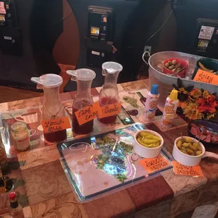 Bloody Mary Bar, notice the cans of easy cheese.