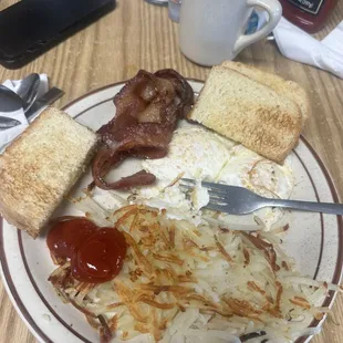 3 eggs, hash browns, bacon &amp; toast