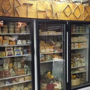 a display of cheeses