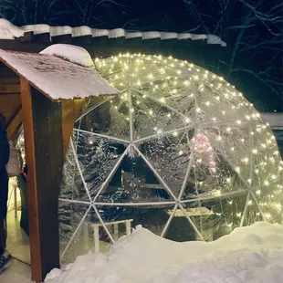 Igloos on the patio outside of the Northwoods Pub.