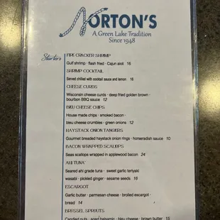 Front of food menu