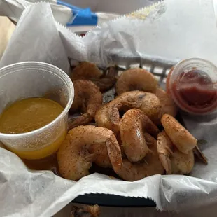 Hot peel and eat shrimp with Old Bay, butter and cocktail sauce