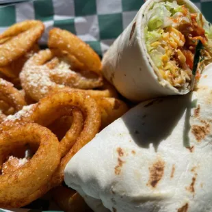 a burrito and onion rings
