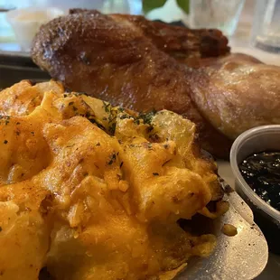 Duck with Au Gratin and a sauce that is neither honey mustard or apricot orange but decent