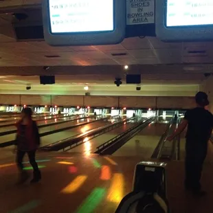 a bowling alley with bowling lanes