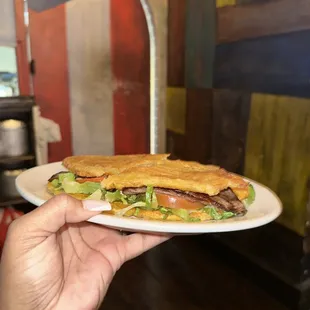 a person holding a plate with a sandwich on it