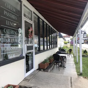 Shade-covered outdoor seating