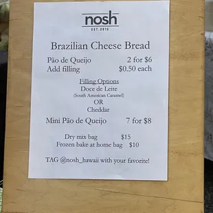 a menu for brazilian cheese bread