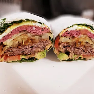 Pastrami burger in a a lettuce bun/wrap