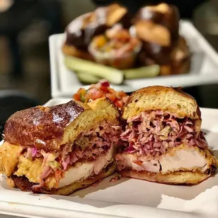 Odis OMG fried chicken sandwich on pretzel hoagie