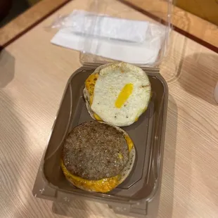 Sausage, egg and cheese on an English muffin.