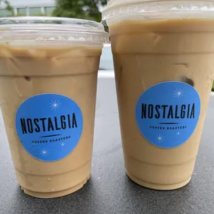 Iced vanilla latte with almond milk and a Vietnamese coffee with almond milk